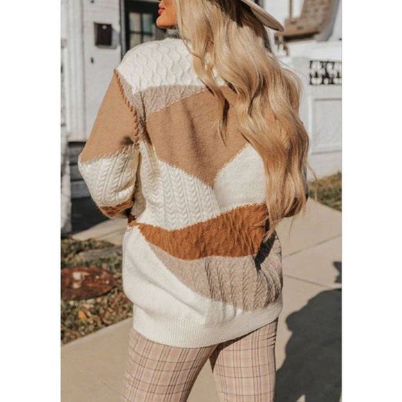 Women Khaki Colorblock Patchwork Pom Pom Knit Sweater Size XL fall oversized EUC - Picture 4 of 14